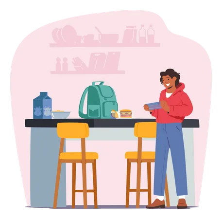 Garota almoçando na cozinha enquanto vai para a escola  Ilustração