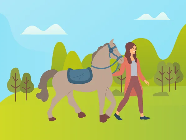 Menina andando com cavalo  Ilustração