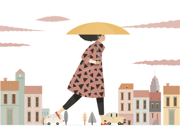 Menina andando com guarda-chuva na chuva  Ilustração