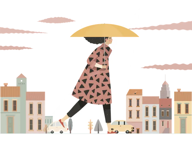 Menina andando com guarda-chuva na chuva  Ilustração