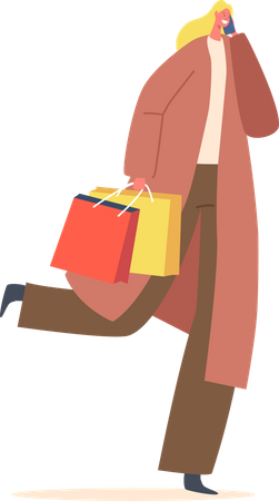 Menina andando com sacolas de compras  Ilustração