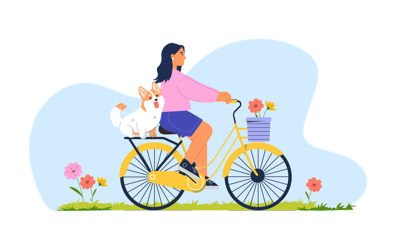 Menina andando de bicicleta com cachorro  Ilustração