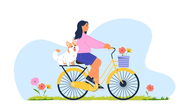 Menina andando de bicicleta com cachorro  Ilustração