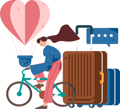 Menina andando de bicicleta enquanto vai para uma viagem  Ilustração