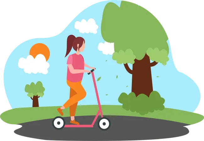 Menina andando de scooter  Ilustração