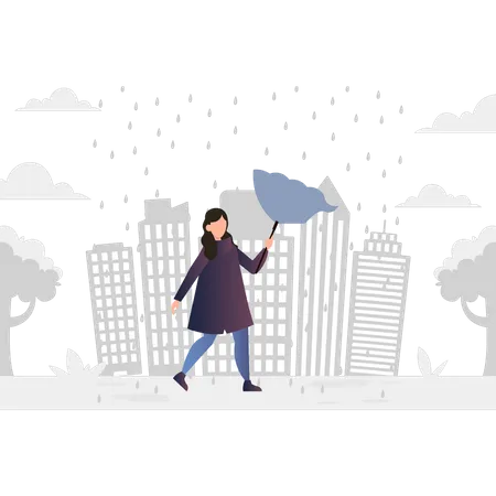 Menina andando na chuva com guarda-chuva  Ilustração