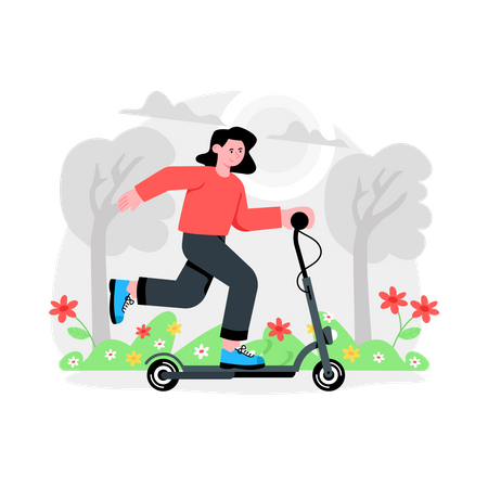 Garota andando de scooter na temporada de primavera  Ilustração