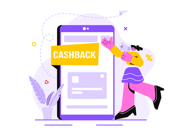 Garota anunciando oferta de cashback  Ilustração