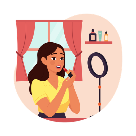 Menina aplicando batom  Ilustração