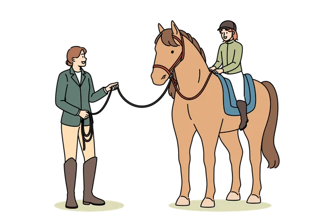 Menina aprende a andar a cavalo e ser jóquei ou cavaleiro sob supervisão de treinadora  Ilustração