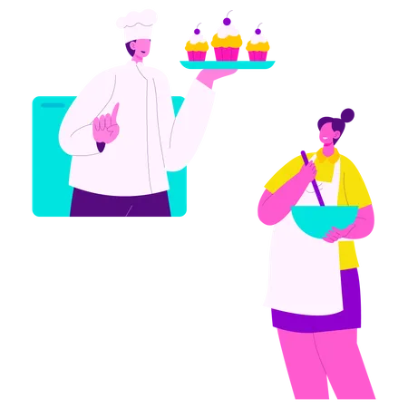 Menina aprendendo culinária no curso on-line  Ilustração