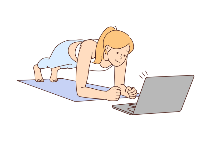 Menina aprendendo ioga on-line  Ilustração