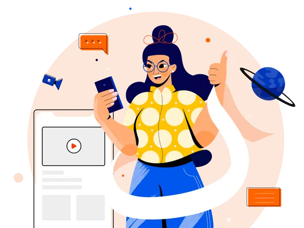 Menina aprendendo on-line via aplicativo móvel  Ilustração