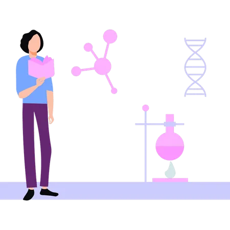 Garota aprendendo química através de experimento em laboratório  Ilustração