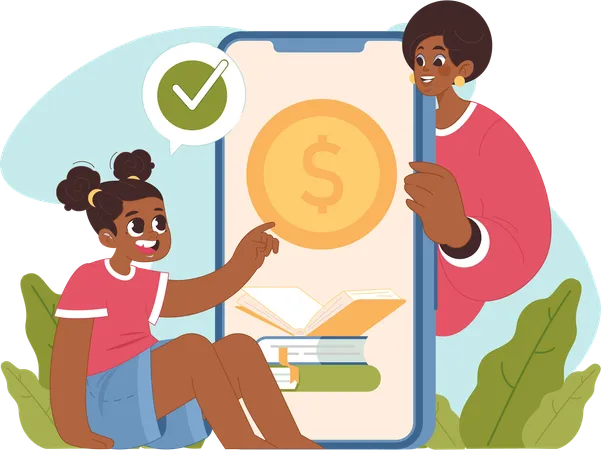 Menina aprendendo sobre finanças no aplicativo online  Ilustração