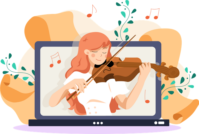 Menina aprendendo violino em aulas on-line  Ilustração