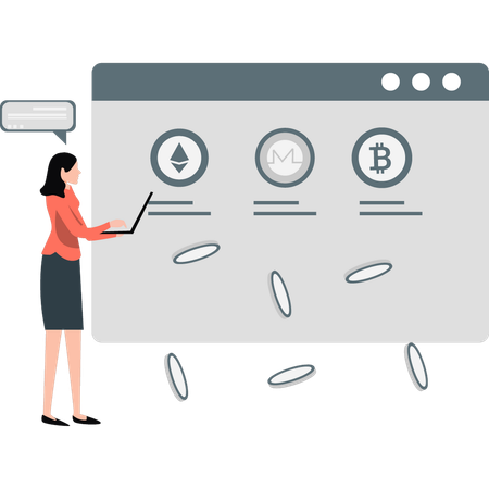 Menina apresentando criptomoeda em página da web  Ilustração