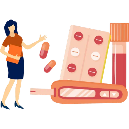 Menina apresentando medicamentos para diabetes  Ilustração