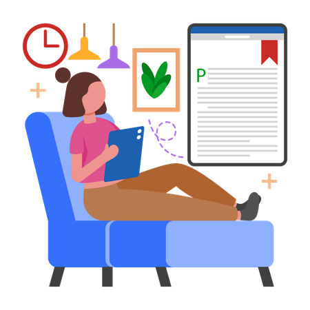 Menina apreciando livros em formato digital  Ilustração