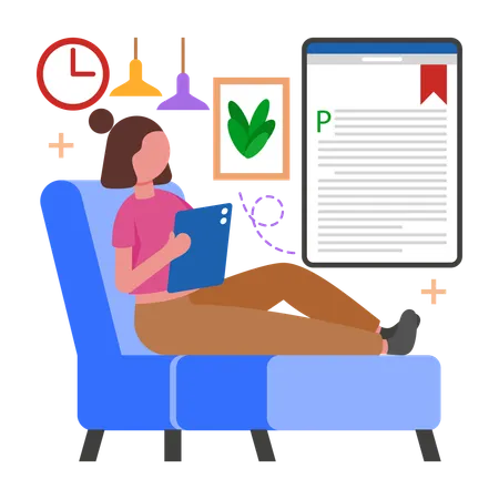 Menina apreciando livros em formato digital  Ilustração