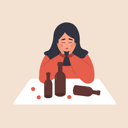 Triste garota árabe sentada à mesa e bebendo vinho  Ilustração