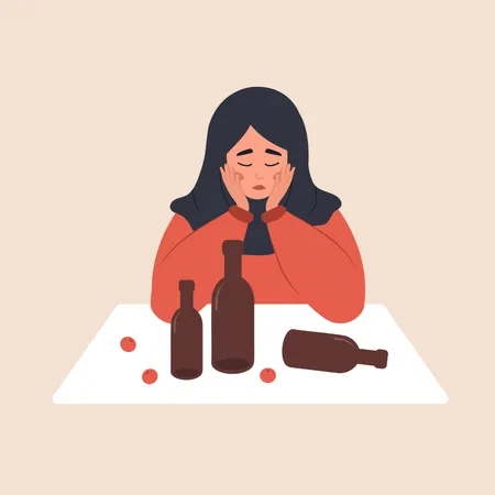 Triste garota árabe sentada à mesa e bebendo vinho  Ilustração