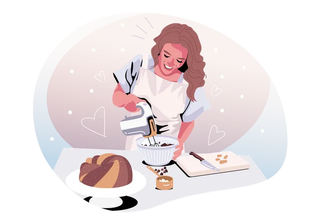 Menina fazendo um bolo delicioso  Ilustração