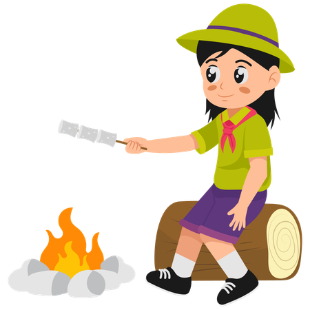 Menina assando marshmallows  Ilustração