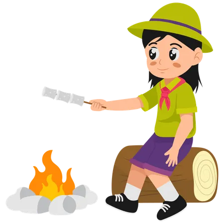 Menina assando marshmallows  Ilustração