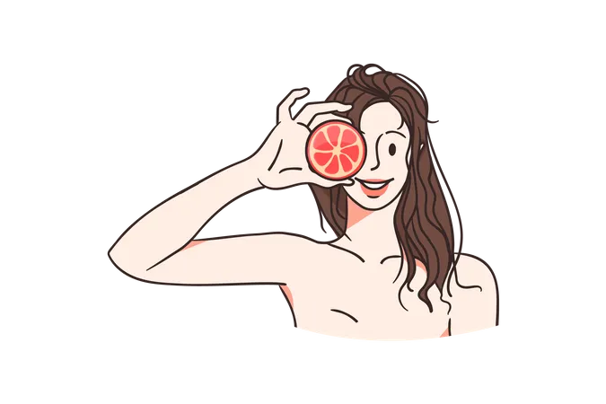 Menina tomando banho com sabonete de frutas  Ilustração