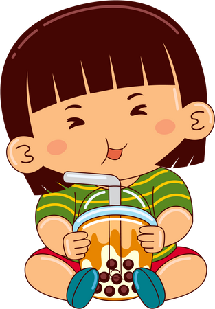 Menina bebendo chá gelado de leite com bolhas  Ilustração