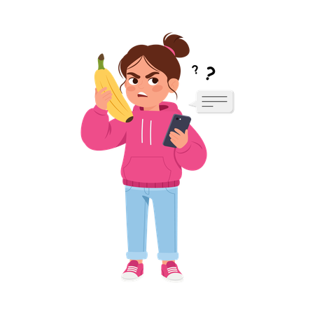 Menina boba em pé com banana e telefone  Ilustração