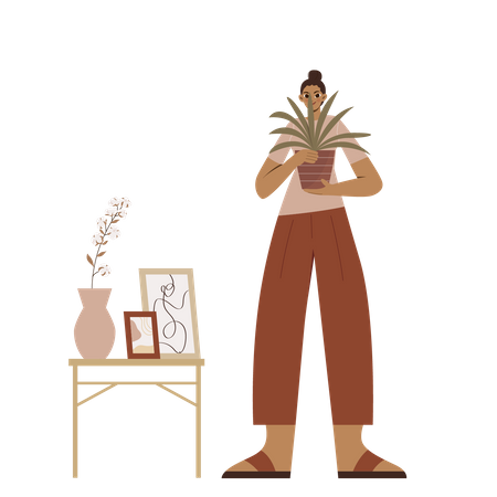 Boho Girl segurando um pequeno vaso de planta  Ilustração