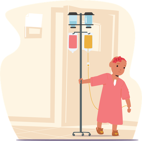 Menina bonitinha com gotejador andando pelo corredor do hospital da clínica pediátrica de câncer  Ilustração