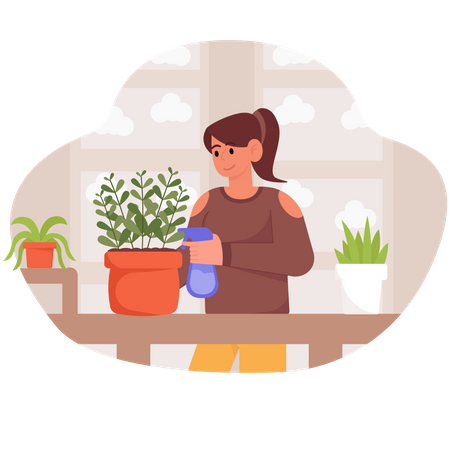 Menina borrifando água na planta  Ilustração