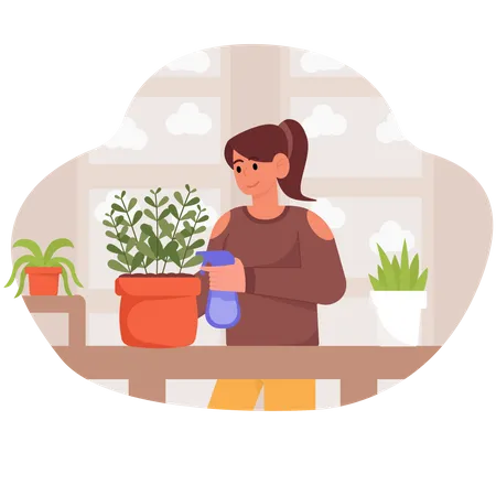 Menina borrifando água na planta  Ilustração