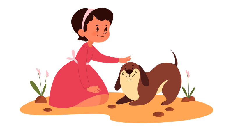 Menina brincando com cachorro de estimação  Ilustração