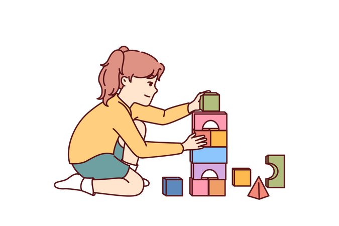 Menina brinca sentada no chão e constrói tijolos de brinquedo  Ilustração
