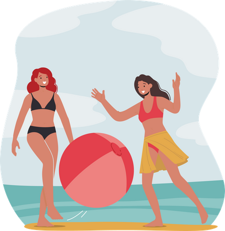 Menina brincando com bola na praia  Ilustração