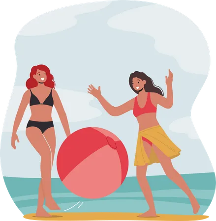 Menina brincando com bola na praia  Ilustração