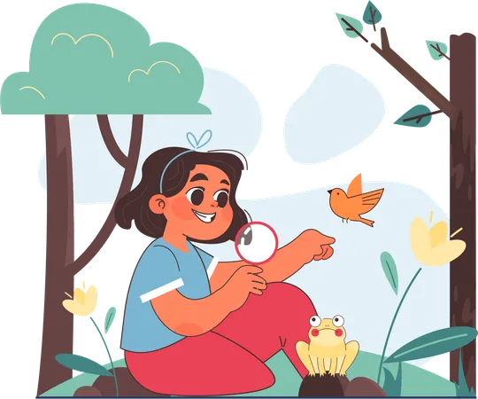 Menina brincando com pássaro  Ilustração