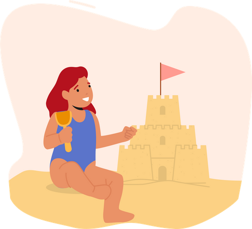 Menina brincando na praia, construindo um castelo de areia  Ilustração