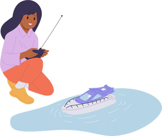 Menina brincando de navio de brinquedo no painel de controle remoto inteligente sem fio  Ilustração