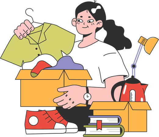 Menina carregando caixa de roupas  Ilustração