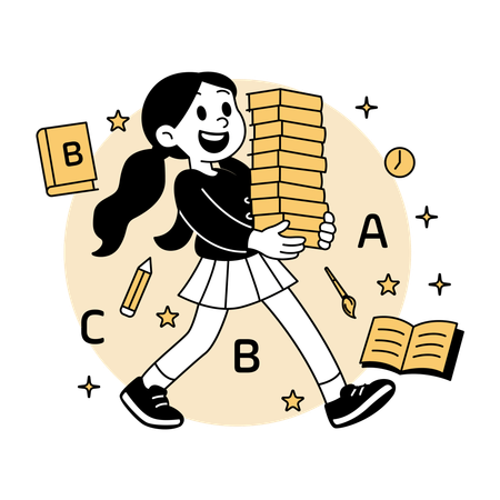 Menina carregando uma pilha de livros  Ilustração