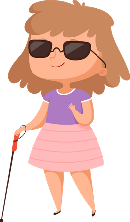 Menina cega com bengala e óculos de sol  Ilustração