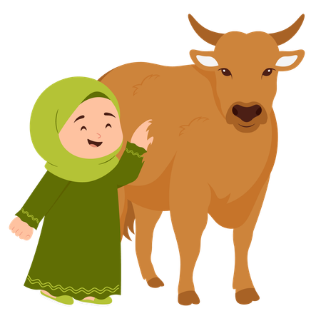 Menina comemora Eid Al Adha com vaca  Ilustração