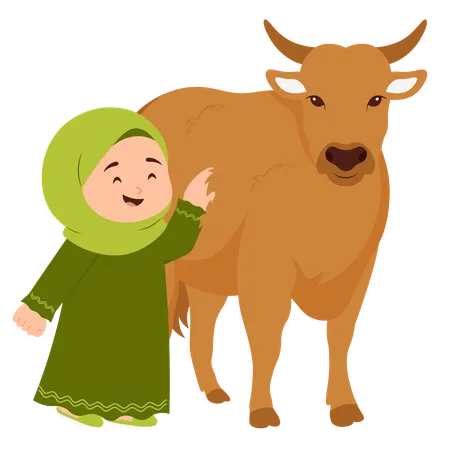 Menina comemora Eid Al Adha com vaca  Ilustração