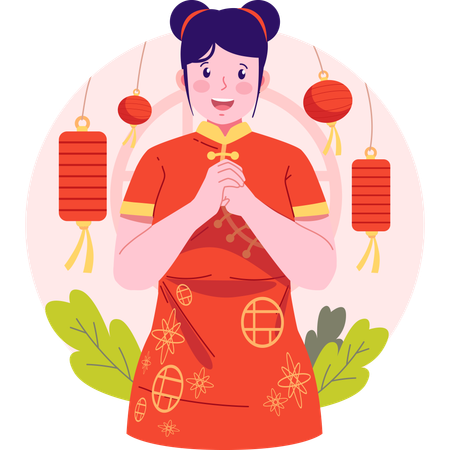 Menina chinesa dando saudação de ano novo chinês  Ilustração