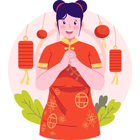 Menina chinesa dando saudação de ano novo chinês  Ilustração